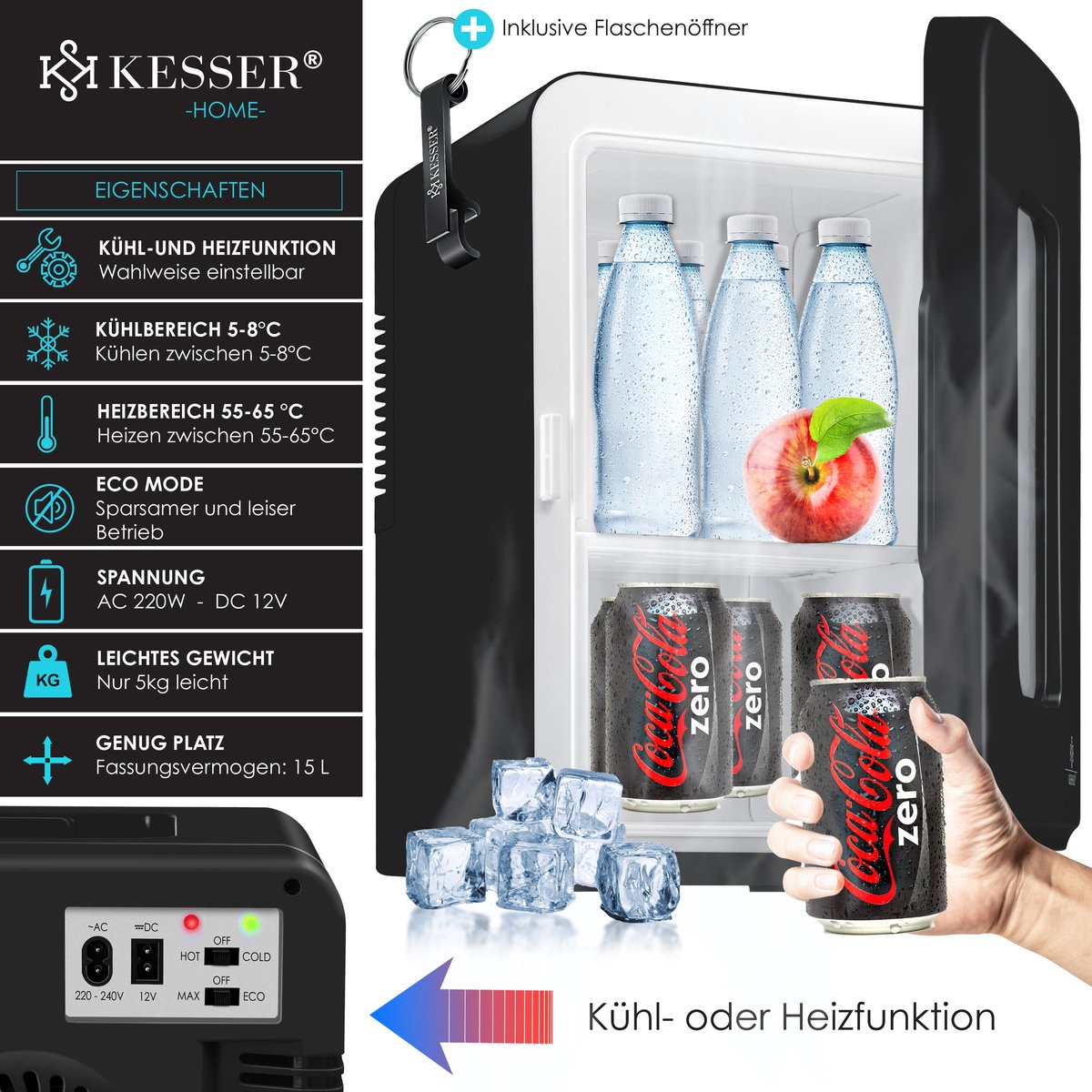 KESSER® 2in1 Mini Koelkast, Koelbox, 15L, Koel En Verwarmingsfunctie Draagbaar Ac Dc 220 240 V 12 V Stopcontact Sigarettenaansteker Warmhoudbox Thermobox Auto Kantoor Camping Wit 3327738154