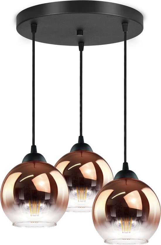 Hanglamp Industrieel voor Woonkamer, Eetkamer - Verstelbaar max. 70cm - 3-Lichts - E27 tot 60 W - Koper Glas