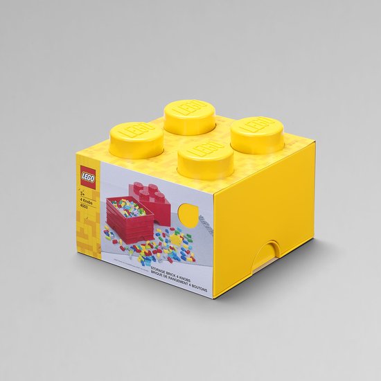 Gele Lego opbergbox 4 noppen, met afbeelding van rode bak met LEGO stenen.