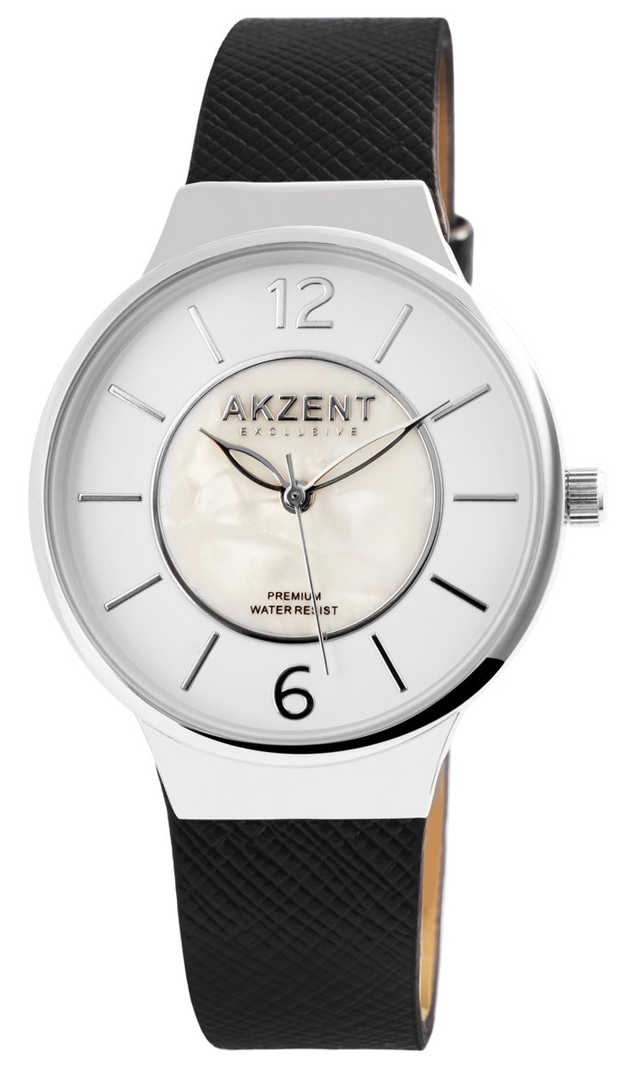 Akzent-Dames horloge-Analoog-Rond-36MM-Zilverkleurig-Zwart lederen band.