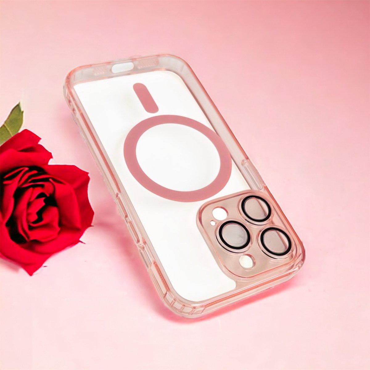 AziLine Magsafe Roze Hoesje Geschikt voor iPhone 15 Pro Max - Transparante Luxe Krachtige Backcover - Ultieme Camera Bescherming geschikt voor iPhone 15 Pro Max.