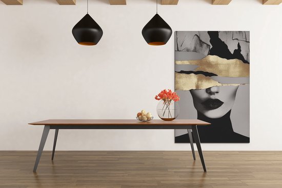 Canvas Schilderij - Abstract Vrouw - Portret - Modern - Goud - Zwart - Grijs - 150x100x2 cm