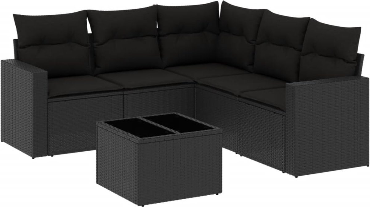 vidaXL 6-delige - Loungeset - met - kussens - poly - rattan - zwart