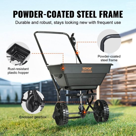 strooier 15L zaadstrooier 810x455x750mm kunstmeststrooier 0-3m strooibreedte centrifugaalstrooier 11kg draagvermogen handstrooier handstrooier Q235 frame zoutstrooier met kunststof wielen — afbeelding 4