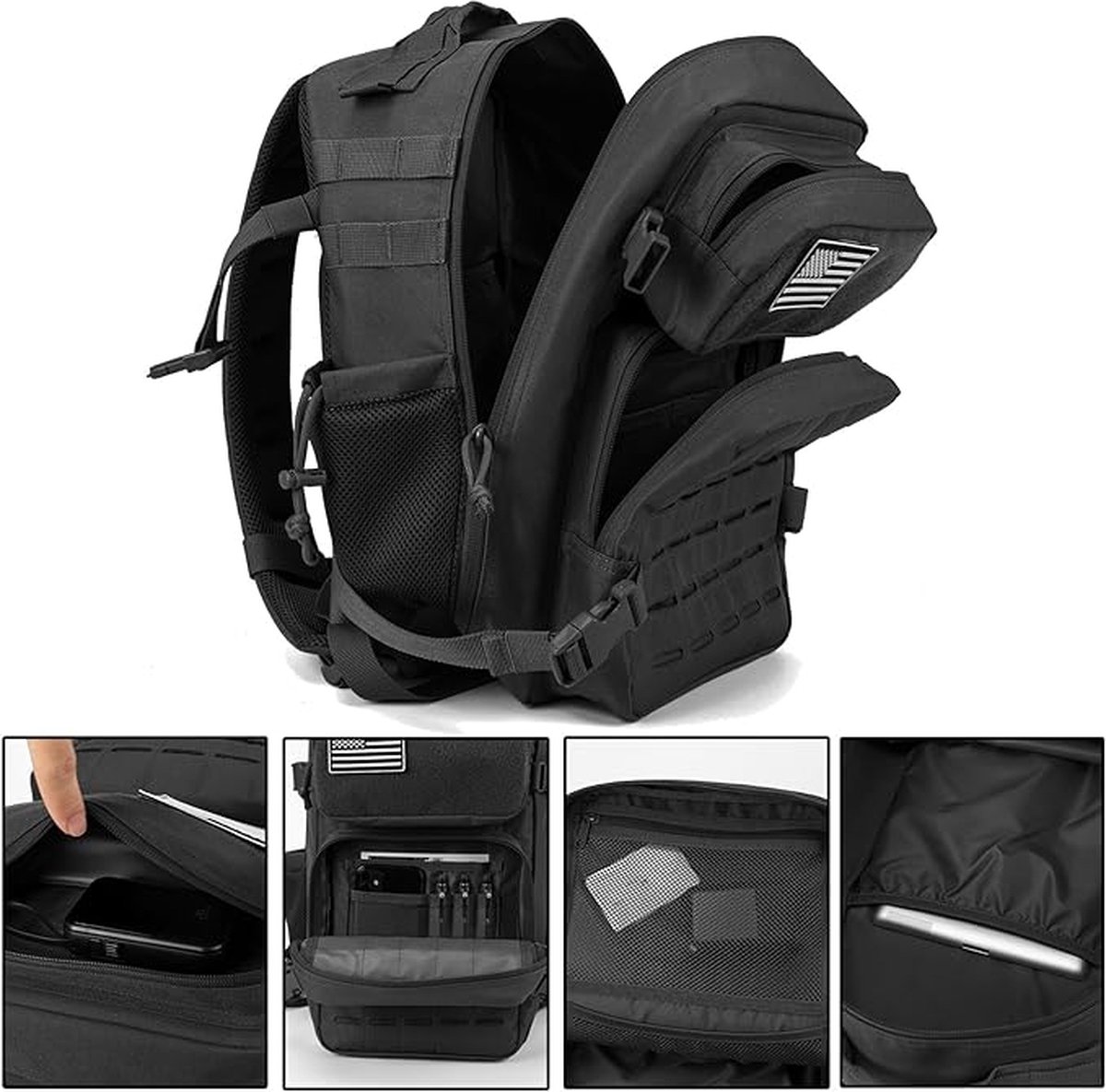 Waterdichte Militaire Rugzak - 45L -Militaire Tactische Backpack voor Heren - Grote Capaciteit 900D Waterdicht Oxford Stof - Hoge Dichtheid Meerdere Zakken - voor Wandelen Kamperen, Bergbeklimmen, Jagen, Buiten Fietsen(Kleur: Black) – foto 2