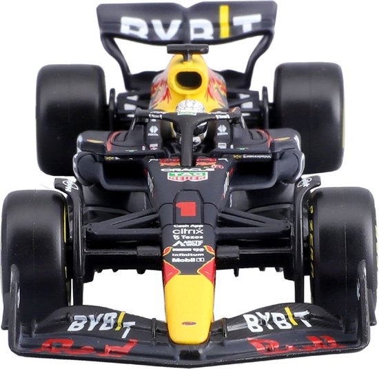 Vooraanzicht Red Bull Racing RB18 Formule 1 auto, donkerblauw met gele neus en rode details.