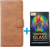 Portemonnee Book Case Hoesje + 2x Screenprotector Glas Geschikt voor: Samsung Galaxy S24 - Lichtbruin