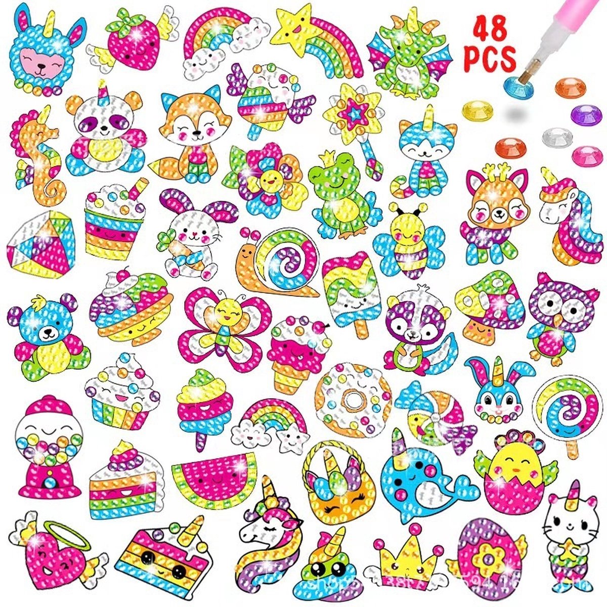 48 PCS Laser Diamond Painting Kit/DIY Diamond Sticker Kit voor kinderen/Diamantschilderij/Kinderpatroon dier-regenboog-ijs Mozaïek Foto