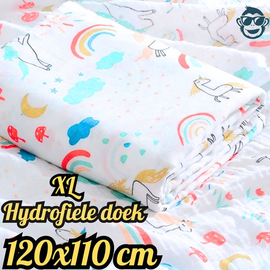 Duopack 2x BoefieBoef Regenboog Eenhoorn Grote XL Hydrofiele Doek Baby - Duurzaam Eco Bamboe - Kerst en KraamCadeau - Swaddle, Inbakerdoek, Hydrofiele Luier & Babydeken - Wit Gekleurd Sprookje — afbeelding 4