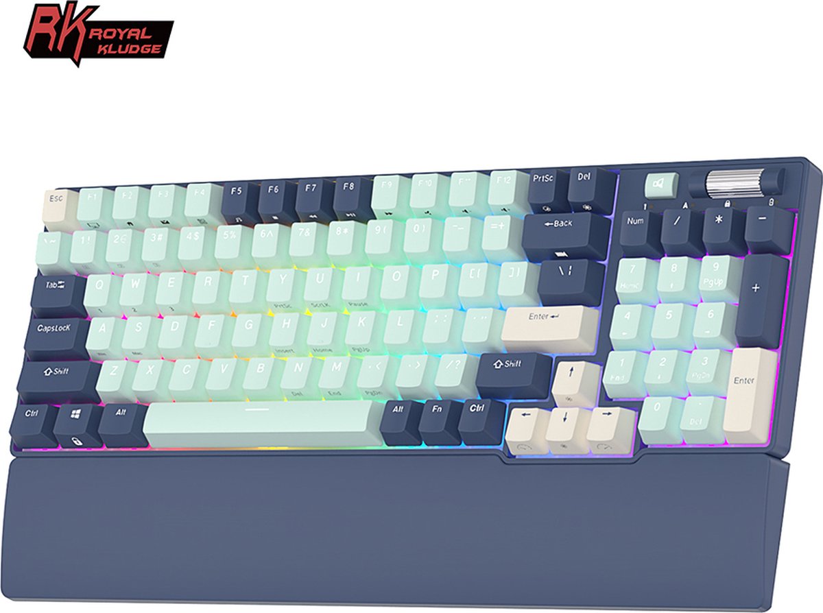 Royal Kludge RK96 Mechanisch Toetsenbord - Gaming Keyboard - Forrest Blue - Bedraad - Bluetooth Hot Swappable - Blue Switches - Office - Magnetische Polssteun