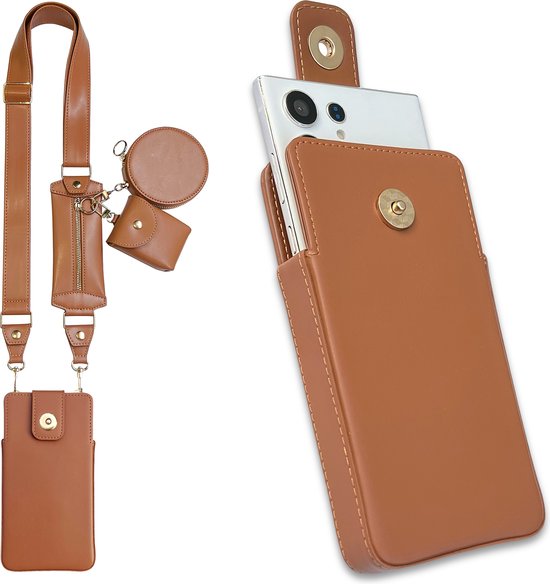 Casemania Insteek Hoesje Geschikt voor Apple iPhone 13 Pro Max Bruin - Schouder Tas met Magnetische Lipje - Portemonnee Case met Rits & Koord