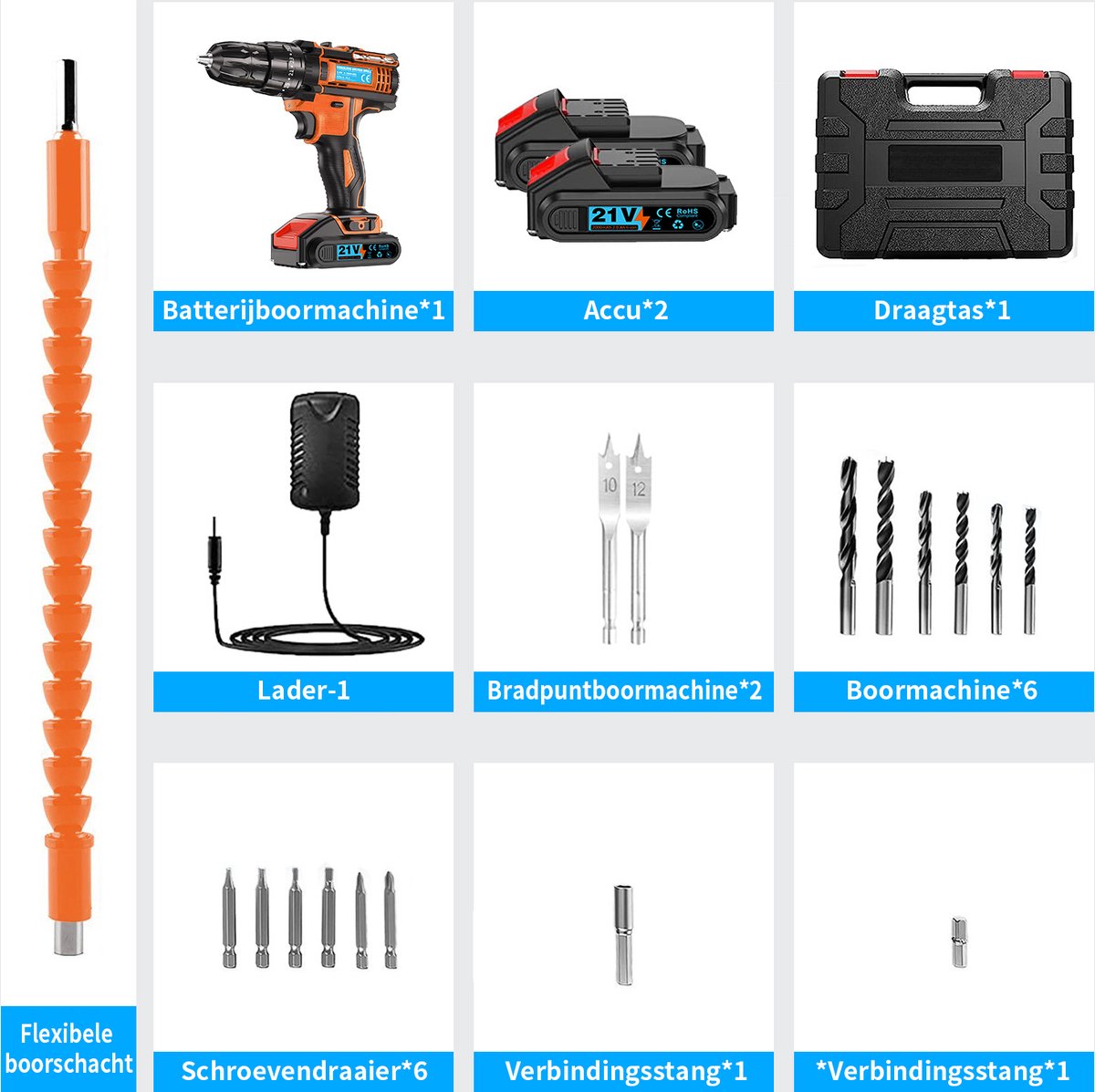 OUTIGO Accuklopboormachine, 21 V, draaimoment 42 Nm, 25 1 draaimomentniveaus, ledlicht, 2 snelheden, 27 doe het zelf accessoires voor reparaties en doe het zelvers