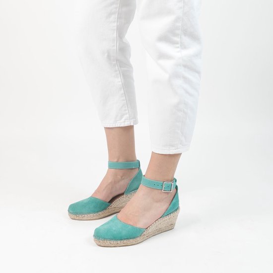 Manfield - Femme - Chaussures compensées en daim turquoise avec semelle en corde - Pointure 38