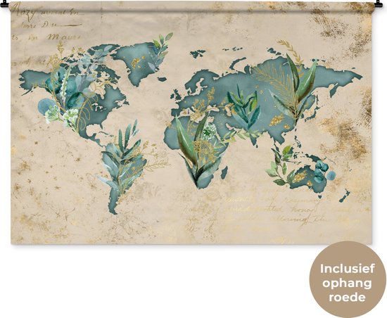 Wandkleed WereldkaartenKerst illustraties - Wereldkaart van blauwe waterverf met tropische bladeren Wandkleed katoen 180x120 cm - Wandtapijt met foto