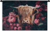 Wandkleed - Wanddoek - Koe - Schotse hooglander - Bloemen - botanisch - 150x100 cm - Wandtapijt