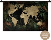 Wandkleed WereldkaartenKerst illustraties - Zandkleurige wereldkaart met structuurpatroon omlijst met tropische bladeren en bloemen Wandkleed katoen 60x40 cm - Wandtapijt met foto