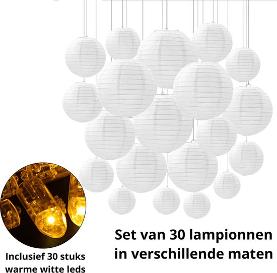 Sparkles & Delight - Witte Lampionnen 30 stuks met led verlichting - Feest Versiering – Decoratie Slinger – Verjaardag, Jubileum & Bruiloft