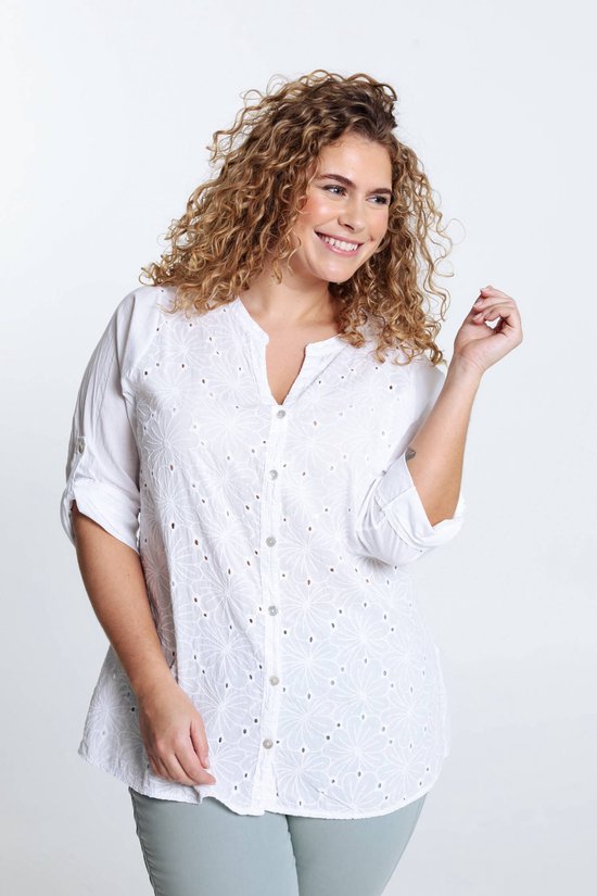 Paprika Lange, effen blouse met borduurwerk vooraan en pailletten