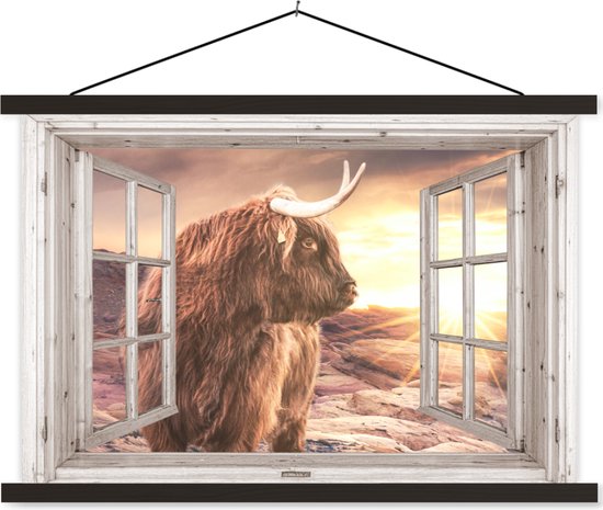 Porte-affiche avec affiche - Affiche scolaire - Highlander écossais - Vue à travers - Coucher de soleil - 150x100 cm - Lattes noires
