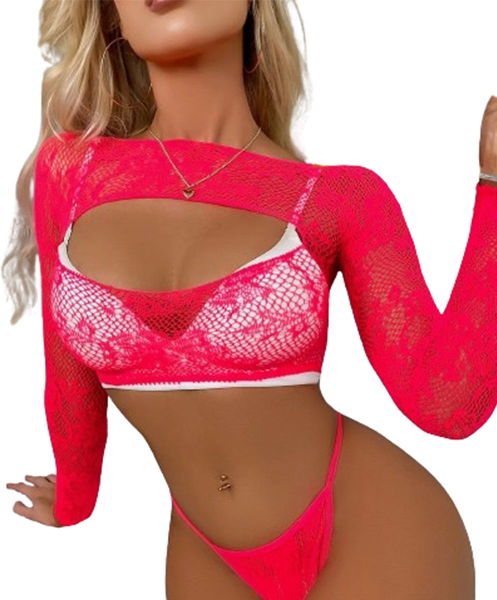 Goedkoopste Transparante verleidelijke lingerie - Open Decolleté - Topje Slipje - Sexy lange mouwen - Erotische set - Roze - Visnet - One Size
