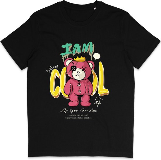 T-shirt noir avec un ours rose portant une couronne et l'inscription "I AM COOL".