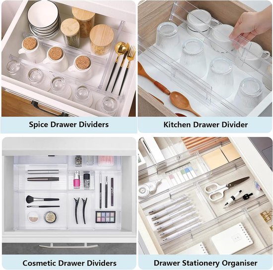 Zoutpy 8-delige transparante ladeverdeler, verstelbaar (27,9 - 52,5 cm), kunststof lade-organizer, ladeverdeler voor keuken, kleding, badkamer, gereedschap lade