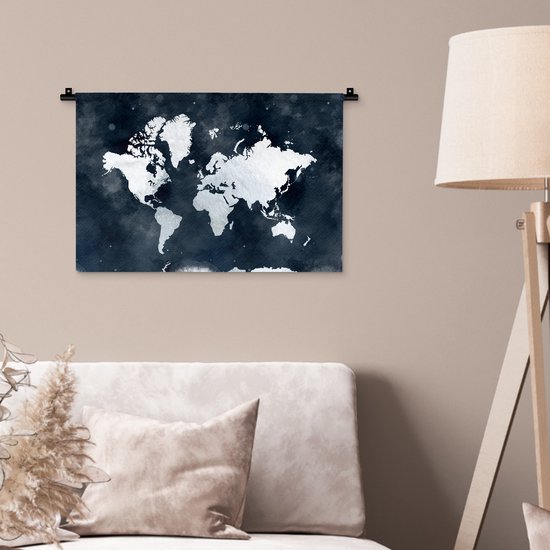 Wandkleed WereldkaartenKerst illustraties - Lichtblauwe en witte wereldkaart voor een achtergrond van donkerblauwe waterverf Wandkleed katoen 60x40 cm - Wandtapijt met foto