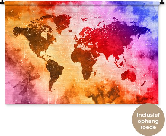 Wandkleed WereldkaartenKerst illustraties - Wereldkaart met warme verfkleuren op een achtergrond met structuurpatroon Wandkleed katoen 150x100 cm - Wandtapijt met foto