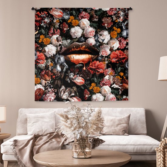Wandkleed - Wanddoek - Lippen - Bloemen - Verf - Oranje - Kunst - Abstract - Oude meesters - 120x120 cm - Wandtapijt
