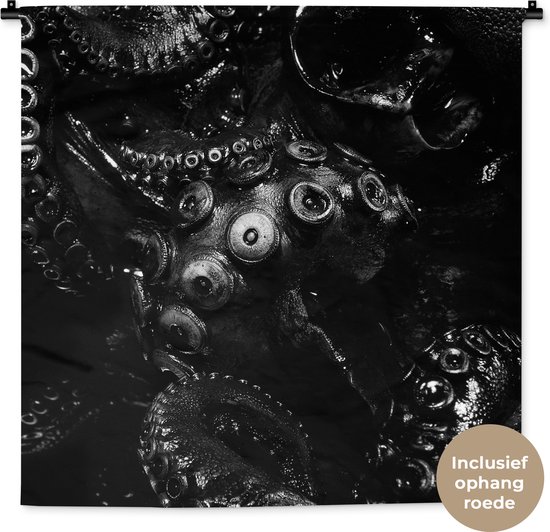 Wandkleed - Wanddoek - Close-up octopus op zwarte achtergrond in zwart-wit - 90x90 cm - Wandtapijt