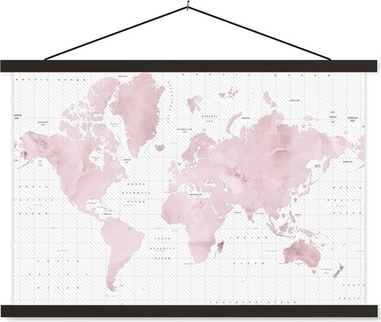 Affiche scolaire - Carte du Wereldkaart - Rose - Marbre - 150x100 cm - Lattes noires