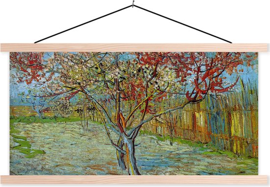 Posterhanger incl. Poster - Schoolplaat - De roze perzikboom - Vincent van Gogh - 150x75 cm - Blanke latten