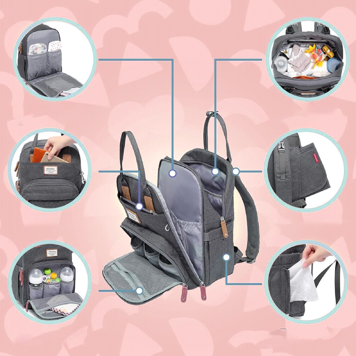 Luiertas Rugzak met Verschoonmatje - Babycommode Rugzak Luiertas Rugzak Met Draagbaar Verschoonkussen - Fopspeenhouder En Kinderwagenriemen - Grijs Babytas - Multifunctioneel Voor Mama En Papa, – foto 5