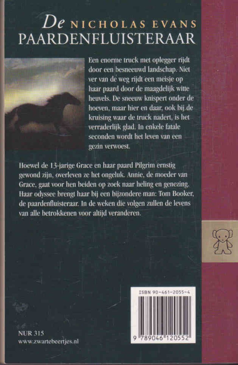 Boekomslag van De Paardenfluisteraar met op de achtergrond een truck die een paard op een heuvel nadert.
