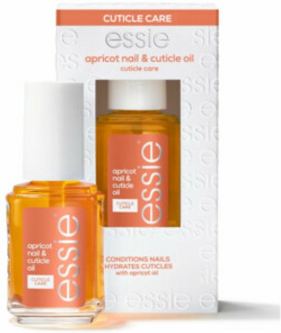 Essie apricot nail & cuticle oil verpakking met een flesje oranje olie op de voorgrond.
