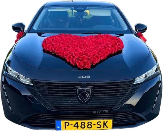 Organza guirlande voor de auto, bruidspaar, rozen, bruiloftsdecoratie, bloemenversiering, autoversiering, achteruitkijkspiegel, decoratie voor bruiloft, auto, bruiloft, nieuw huis, party, rode tule