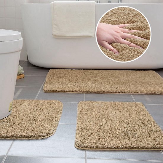 Set van 3 microvezelbadmatten voor de badkamer Antislipbadmatten Wasbaar 40 x 50 cm U-vormige toiletmat, 50 x 60 cm Kleine badmat, 50 x 80 cm badtapijt (kaki)