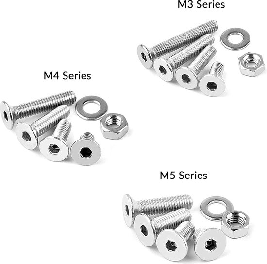 Jeu de 600 boulons à tête fraisée M3 M4 M5, écrous et rondelles, tête plate en acier inoxydable 304, capuchon Allen, vis à métaux hexagonales, assortiment de 3 clés Allen gratuites (8/12/16/20 mm)