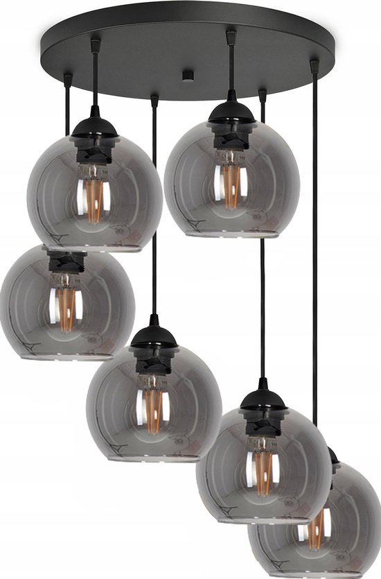 Hanglamp - Plafondlamp Industrieel 6-Lamps Smoke Bol Zwart Woonkamer