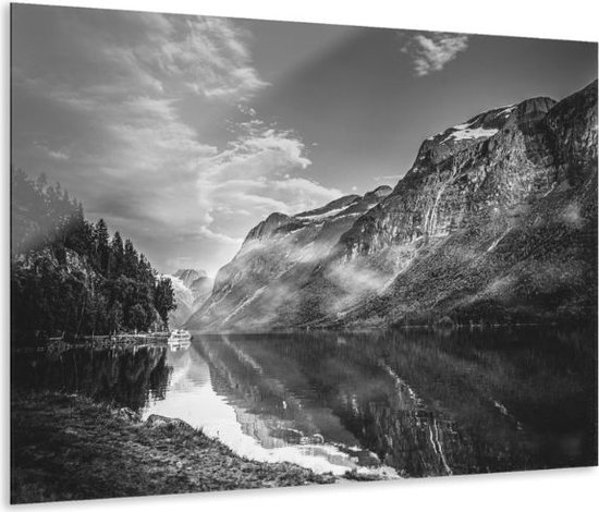 Glasschilderij zwart wit landschap berg - Inclusief montagemateriaal