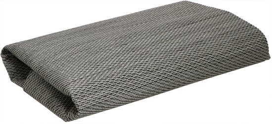 Gevouwen tenttapijt in zwart en grijs met een geweven patroon.