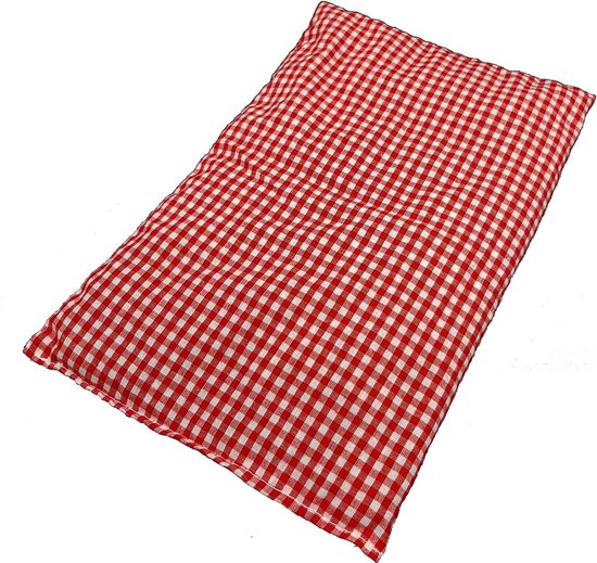 Rood met wit ruitjeskussen, 20x30 cm.