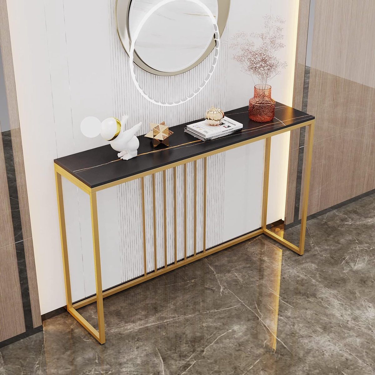 LIFEZEAL Lange consoletafel, 180 cm, haltafel met 2 niveaus, met tafelblad van kunstmarmer, geometrisch frame, smalle bijzettafel, lang, modern, 180 x 30 x 80 cm, wit goud