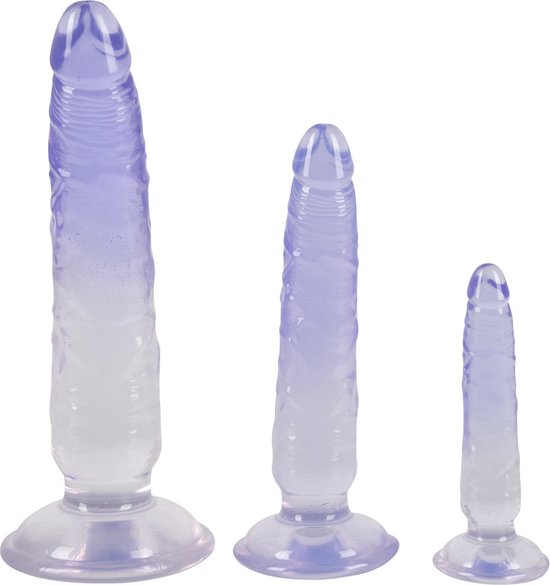 Drie doorschijnende, paarse dildo's van toenemende grootte, elk met een geribbelde textuur en brede voet.