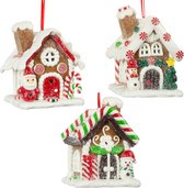 Viv! Christmas Kerstornament - Gingerbread Huisjes - set van 3 - bruin wit rood - 8cm