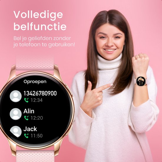 Maoo Ventura AMOLED Smartwatch Dames - RVS en 4x Siliconen Bandje - Stappenteller - Hartslagmeter - Slaapmonitor - Multisport - Geschikt voor Android en iOS - Rosé Goud en Roze