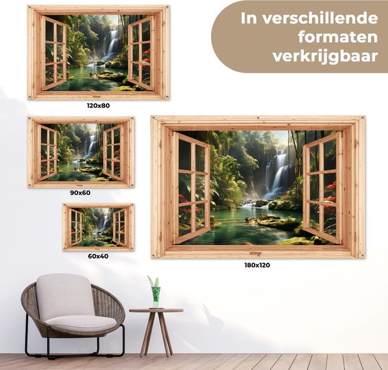 Poster de jardin Cascade - Vue - Jungle - Paysage - Nature - Fenêtre marron clair - 120x80 cm - Toile de jardin - Poster extérieur