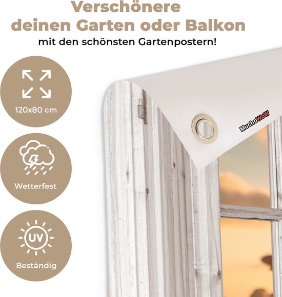 Tuinposter 120x80 cm - Tuindecoratie Koe - Doorkijk - Weiland - Dieren portret - Natuur - Koeien - Wit raam - Poster voor in de tuin - Buiten decoratie - Schutting tuinschilderij - Tuindoek muurdecoratie - Wanddecoratie balkondoek