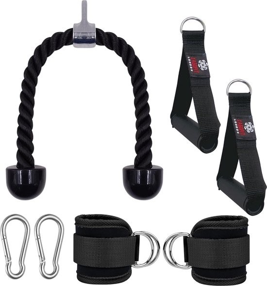 Pulley system handles or gym cable attachments suitable for arm and leg strength training - Ankle straps, Cable machine Stirrup grips and tricep ropes with two SNAP Hoop Carabiner Black Colour Pulley system handles or gym cable attachments suitable for arm and leg strength training - Ankle straps, Cable machine Stirrup grips and tricep ropes with two SNAP Hoop Carabiner Black Colour