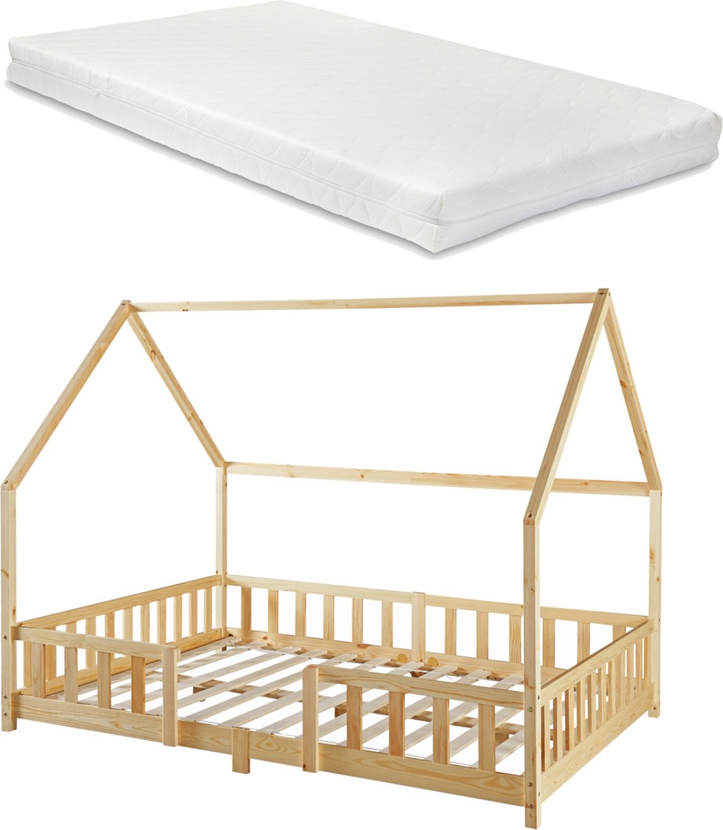 en.casa Kinderbed Sisimiut met uitvalbeveiliging en matras 140x200 houtkleurig